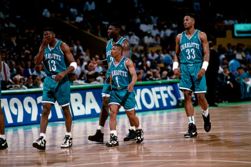 Larry Johnson, Mugsy Bogues, Alonzo Mourning on the Charlotte Hornets