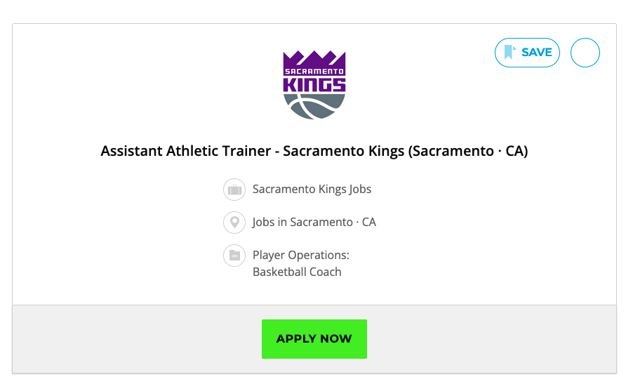 screenshot of job post for assistant athletic trainer of Sacramento Kings