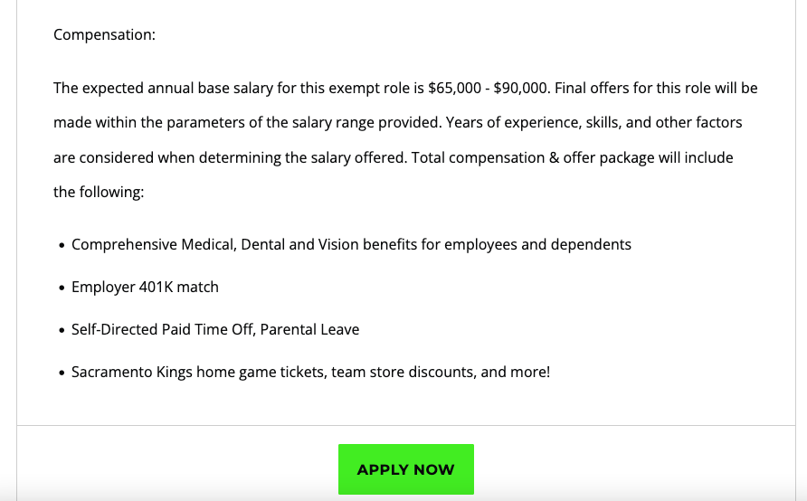 screenshot of compensation for nba assistant athletic trainer for sacramento kings