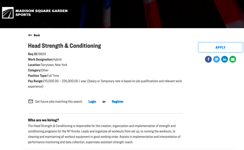 job posting for head strength and conditioning position with new york knicks